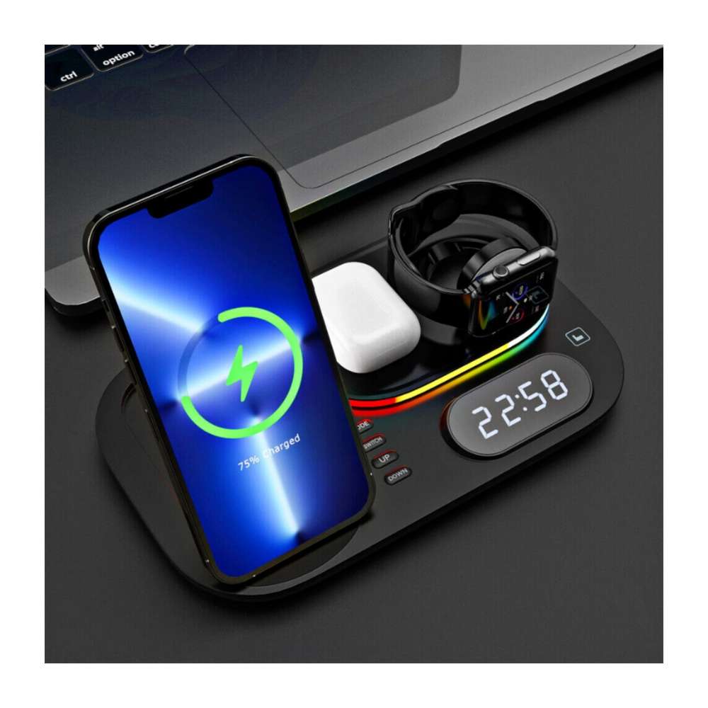 Andowl 30W 4 in 1 Wireless Charging Dock With RGB Lights and Clock