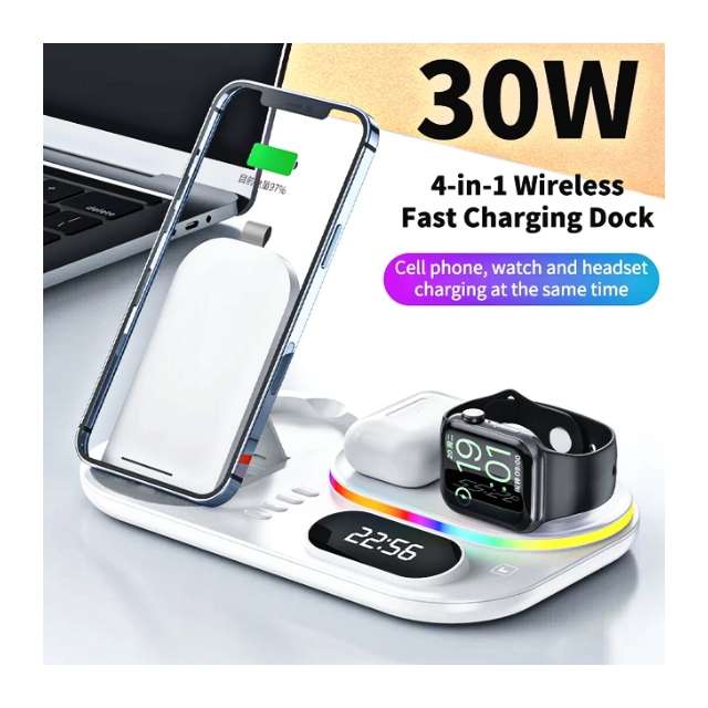 Andowl 30W 4 in 1 Wireless Charging Dock With RGB Lights and Clock