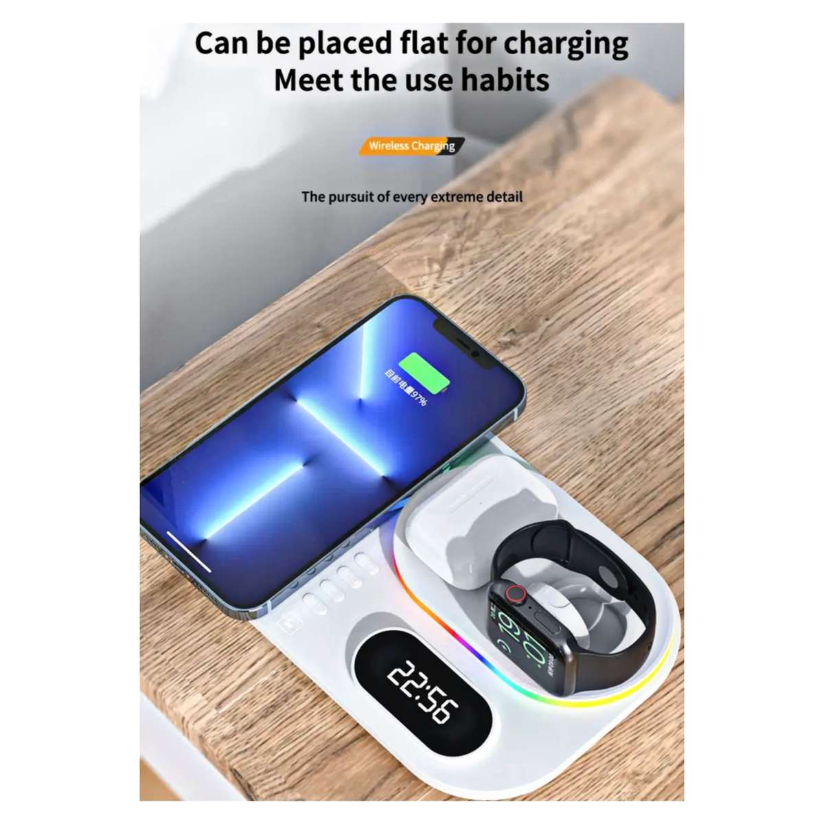 Andowl 30W 4 in 1 Wireless Charging Dock With RGB Lights and Clock