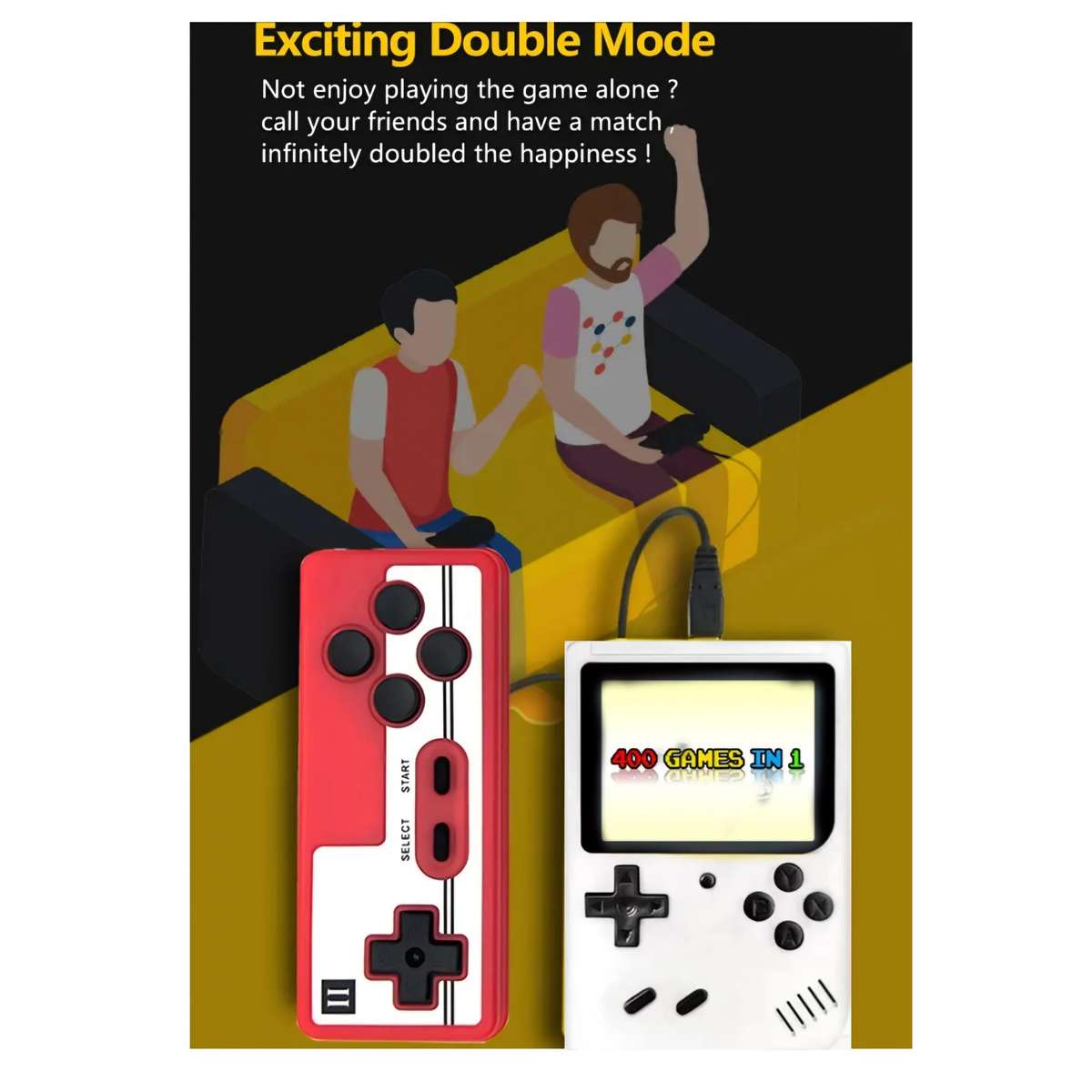 Retro 400-In-1 Game Console With Charger, Battery & Controller For 2 Player - White