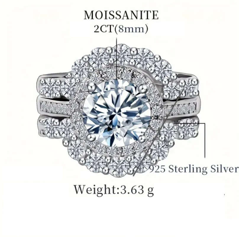 Certified 2CT Moissanite 3 Piece Sterling Silver Ring Set Size R