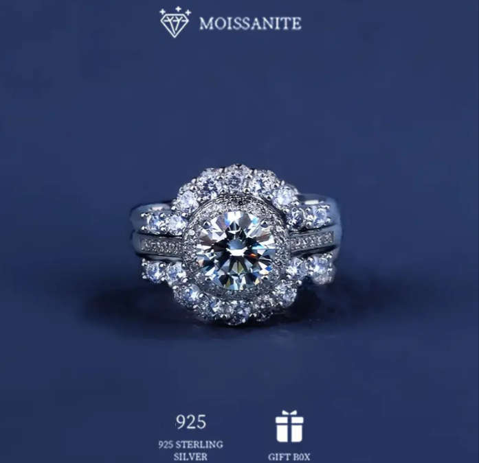 Certified 2CT Moissanite 3 Piece Sterling Silver Ring Set Size R