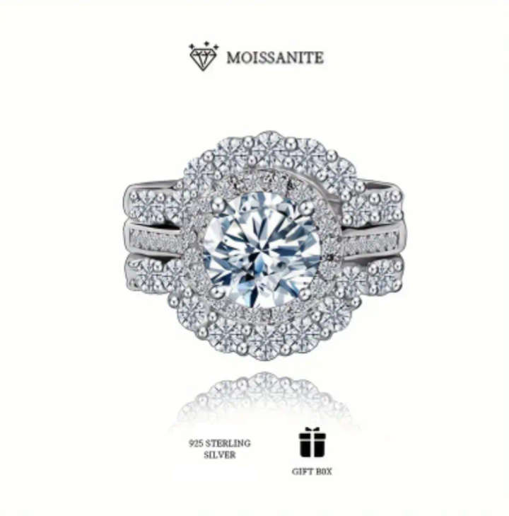 Certified 2CT Moissanite 3 Piece Sterling Silver Ring Set Size R