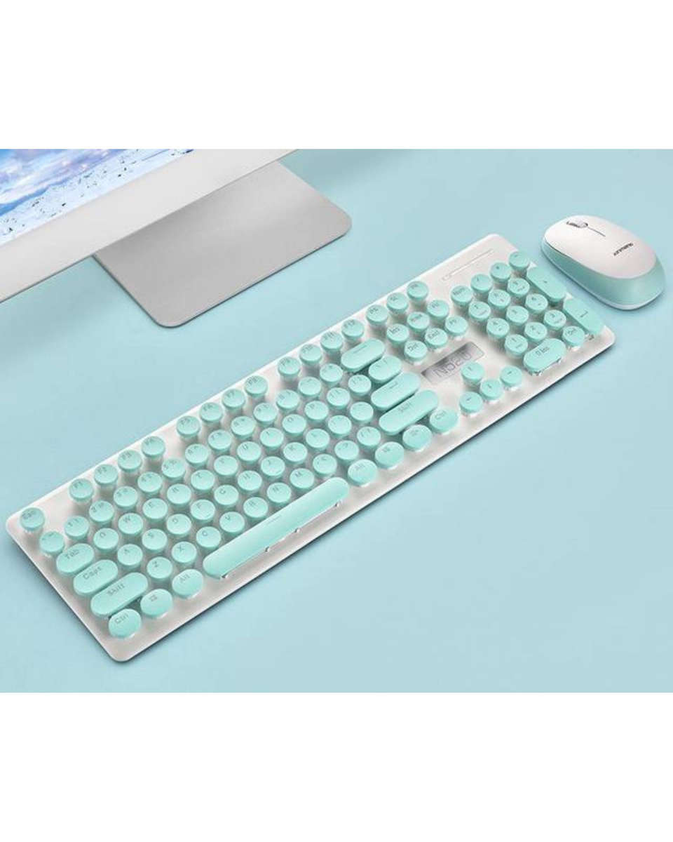 T-WOLF TF770 Wireless Keyboard & Mouse Combo  Retro Punk Design, Quiet Typing, Ergonomic - Blue