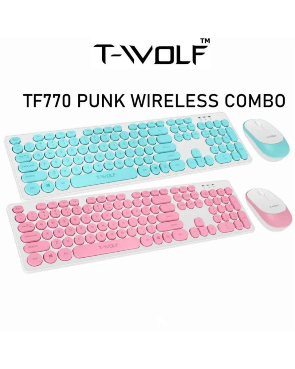 T-WOLF TF770 Wireless Keyboard & Mouse Combo  Retro Punk Design, Quiet Typing, Ergonomic - Blue