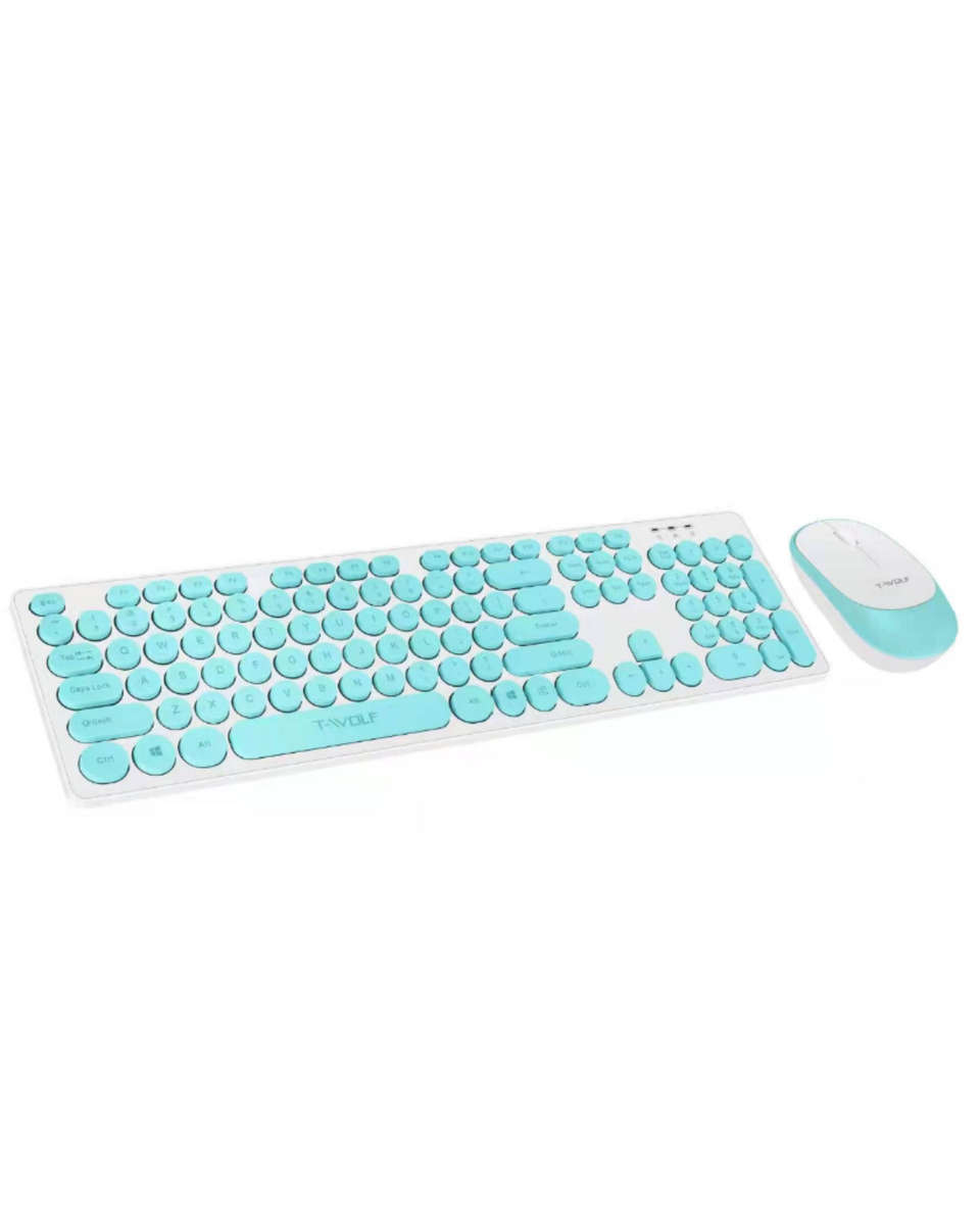 T-WOLF TF770 Wireless Keyboard & Mouse Combo  Retro Punk Design, Quiet Typing, Ergonomic - Blue