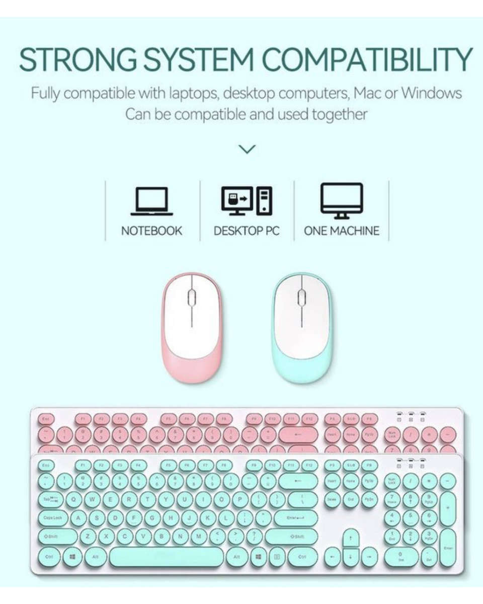 T-WOLF TF770 Wireless Keyboard & Mouse Combo  Retro Punk Design, Quiet Typing, Ergonomic - Blue