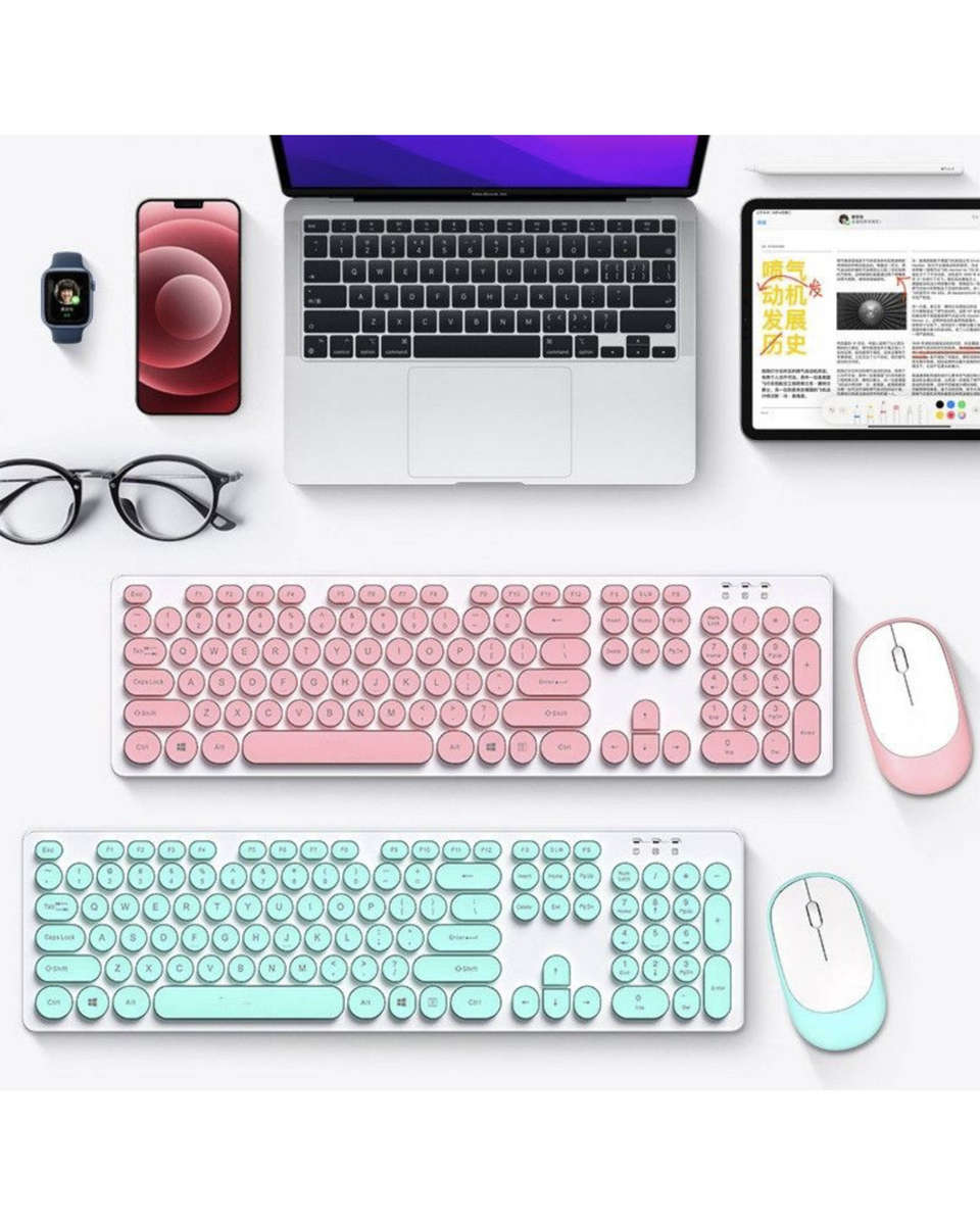 T-WOLF TF770 Wireless Keyboard & Mouse Combo  Retro Punk Design, Quiet Typing, Ergonomic - Blue