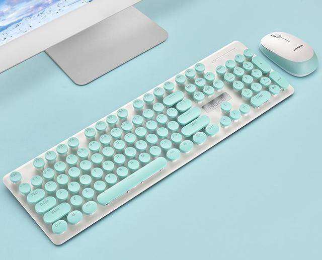 T-WOLF TF770 Wireless Keyboard & Mouse Combo  Retro Punk Design, Quiet Typing, Ergonomic - Blue