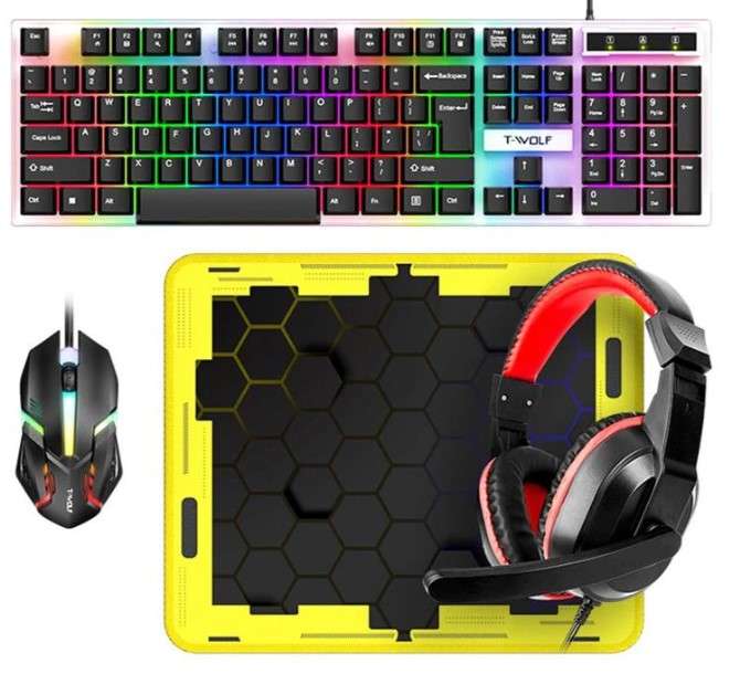 T-WOLF TF240 4 IN 1 Gaming Combo With RGB ( Wired Keyboard + Mouse + Mouse Pad + Stereo Headphones)