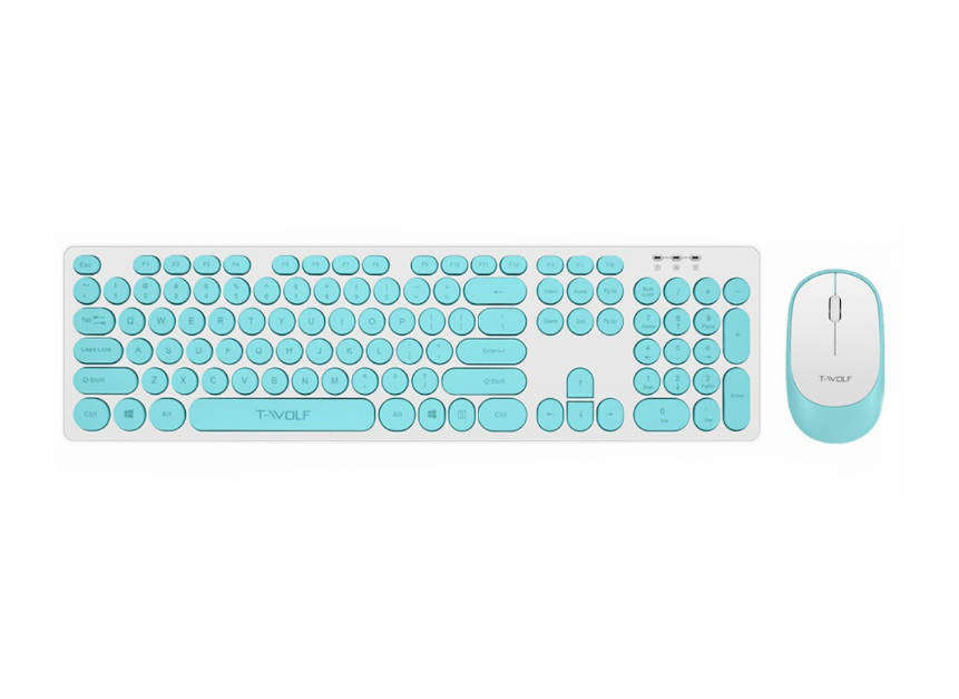 T-WOLF TF770 Wireless Keyboard & Mouse Combo  Retro Punk Design, Quiet Typing, Ergonomic - Blue