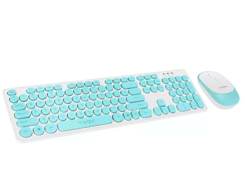 T-WOLF TF770 Wireless Keyboard & Mouse Combo  Retro Punk Design, Quiet Typing, Ergonomic - Blue