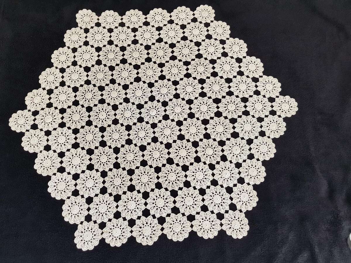 VINTAGE CROCHETED TABLECLOTH - SIX ANGULAR - HEXAGON SHAPE.
