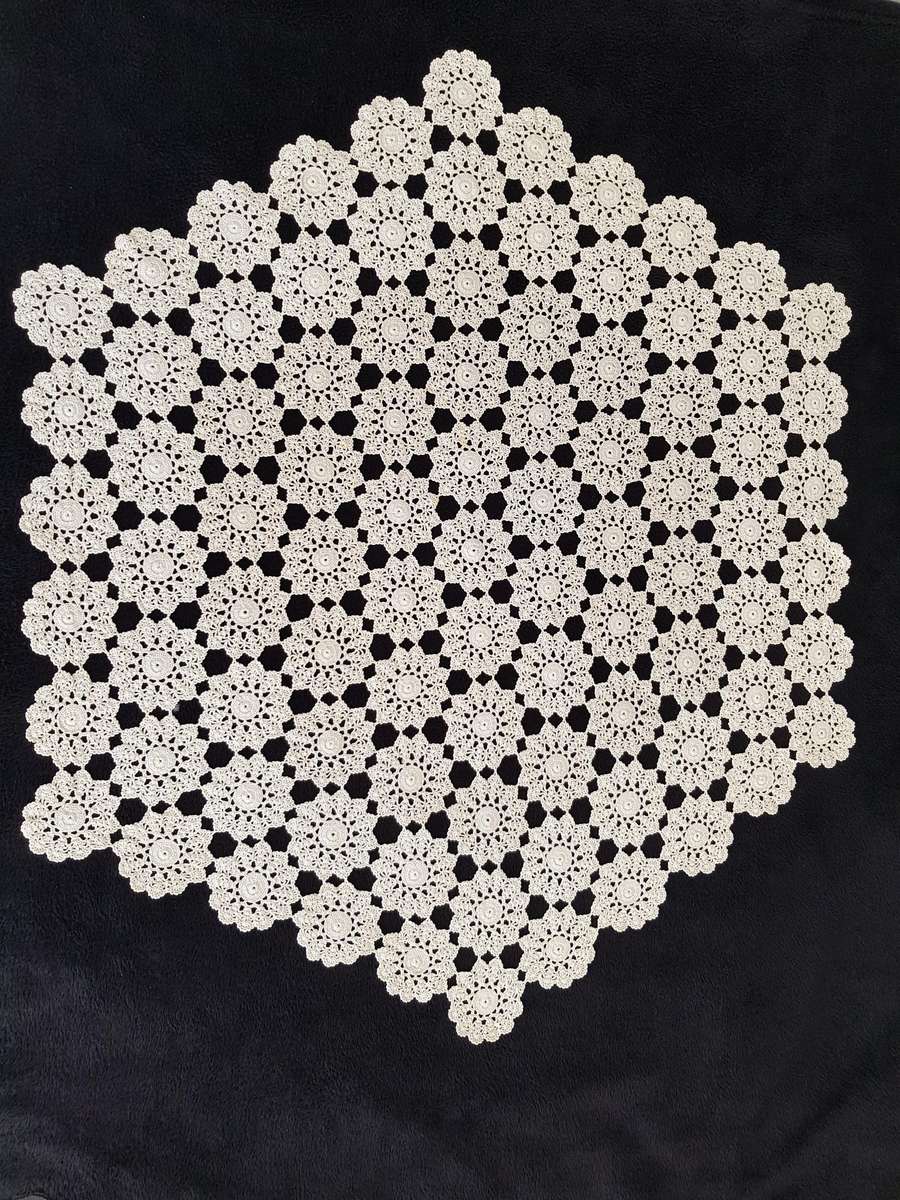 VINTAGE CROCHETED TABLECLOTH - SIX ANGULAR - HEXAGON SHAPE.