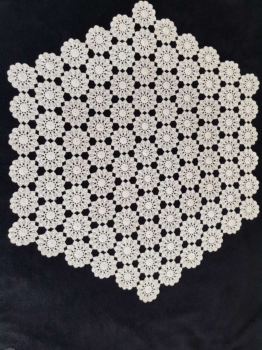 VINTAGE CROCHETED TABLECLOTH - SIX ANGULAR - HEXAGON SHAPE.