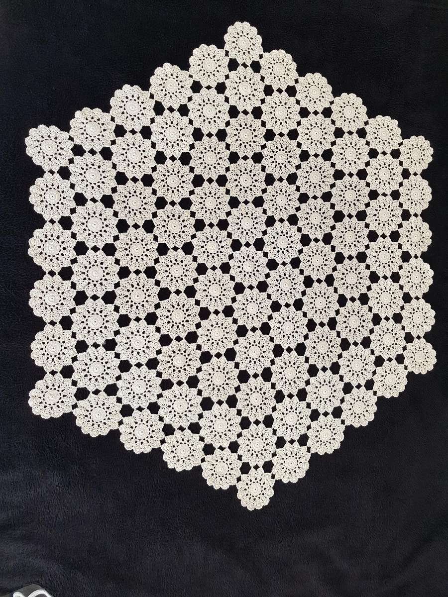 VINTAGE CROCHETED TABLECLOTH - SIX ANGULAR - HEXAGON SHAPE.