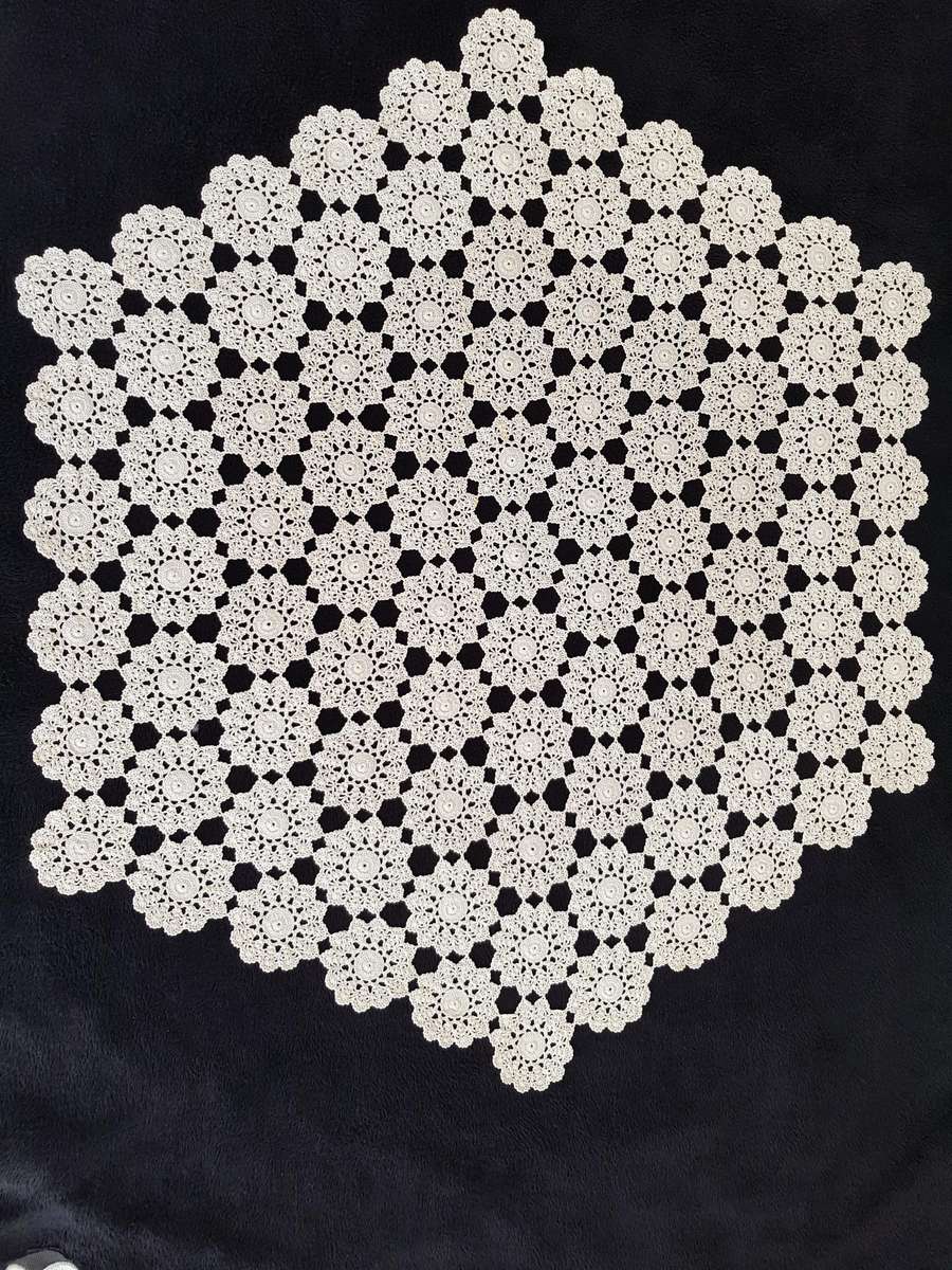 VINTAGE CROCHETED TABLECLOTH - SIX ANGULAR - HEXAGON SHAPE.