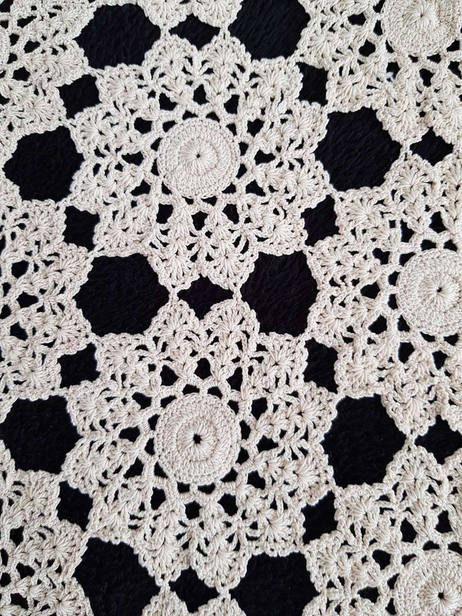 VINTAGE CROCHETED TABLECLOTH - SIX ANGULAR - HEXAGON SHAPE.