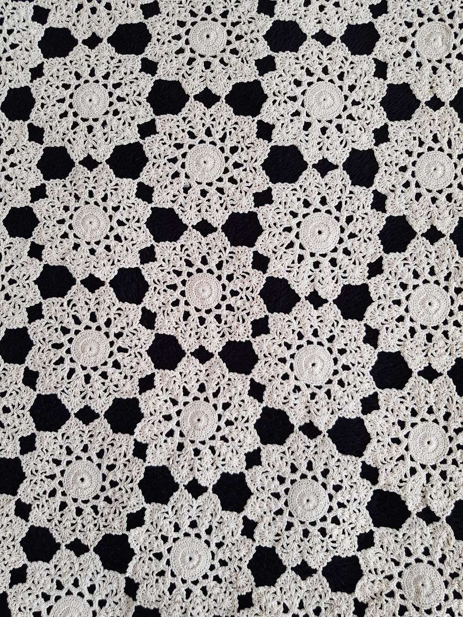 VINTAGE CROCHETED TABLECLOTH - SIX ANGULAR - HEXAGON SHAPE.