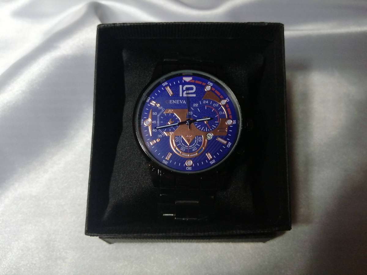 Geneva Men's Blue and Bronze Chronograph Style Quartz Watch  Elegant Analog Design with Gift Box