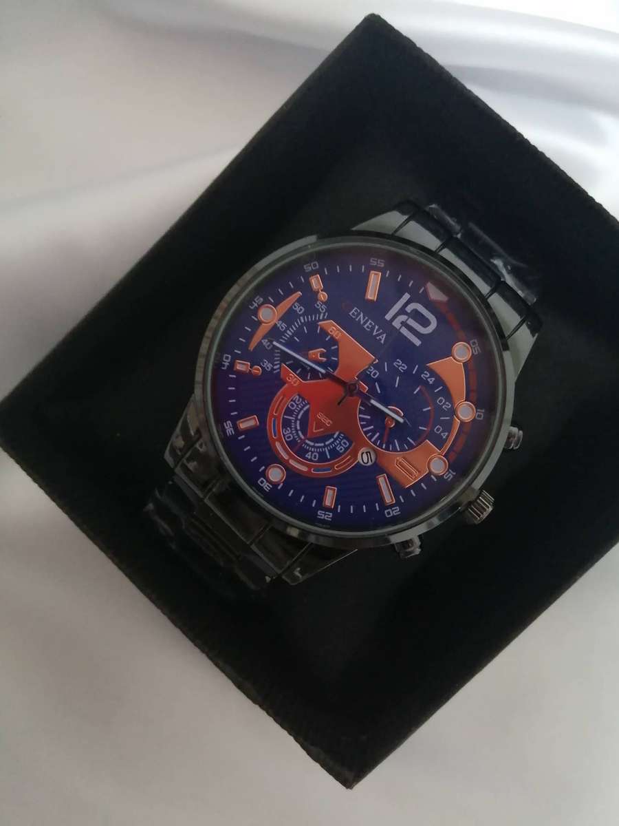 Geneva Men's Blue and Bronze Chronograph Style Quartz Watch  Elegant Analog Design with Gift Box