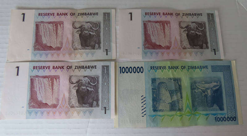 Zimbabwe - 3 x $1 and 1 x One Million Dollars Notes - UNC