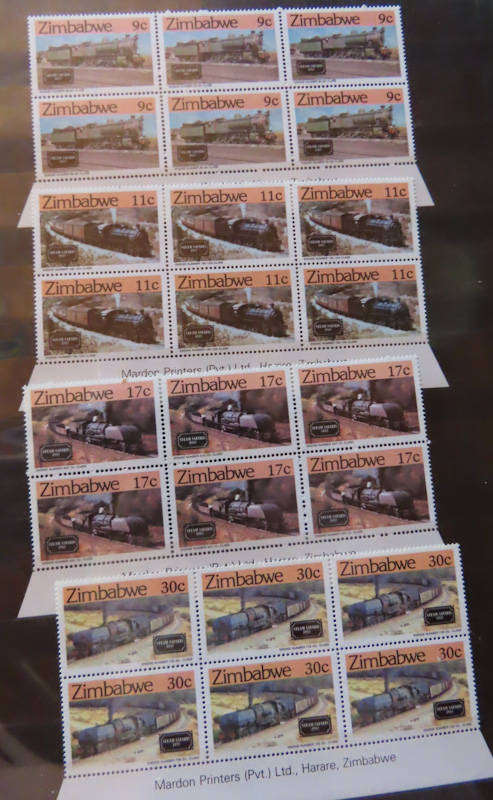 Zimbabwe - Trains - Two Lots Cylinder Blocks 1A and 1B plus Imprint Blocks MNH
