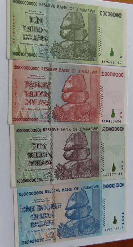 Zimbabwe - Reserve Bank of Zimbabwe - 10, 20, 50 and 100 Trillion Dollar Notes - UNC - Relisted