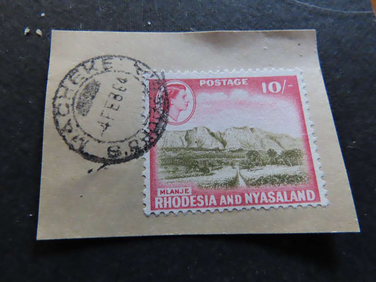 Rhodesia and Nyasaland- 10/- stamp with Macheke cancellation 4 Feb 1964