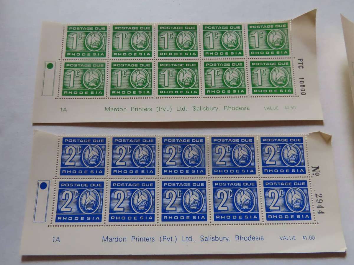 Rhodesia Postage Dues - 2 Imprint Blocks of the 1 and 2 cent Stamps
