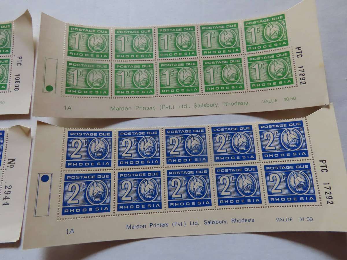 Rhodesia Postage Dues - 2 Imprint Blocks of the 1 and 2 cent Stamps