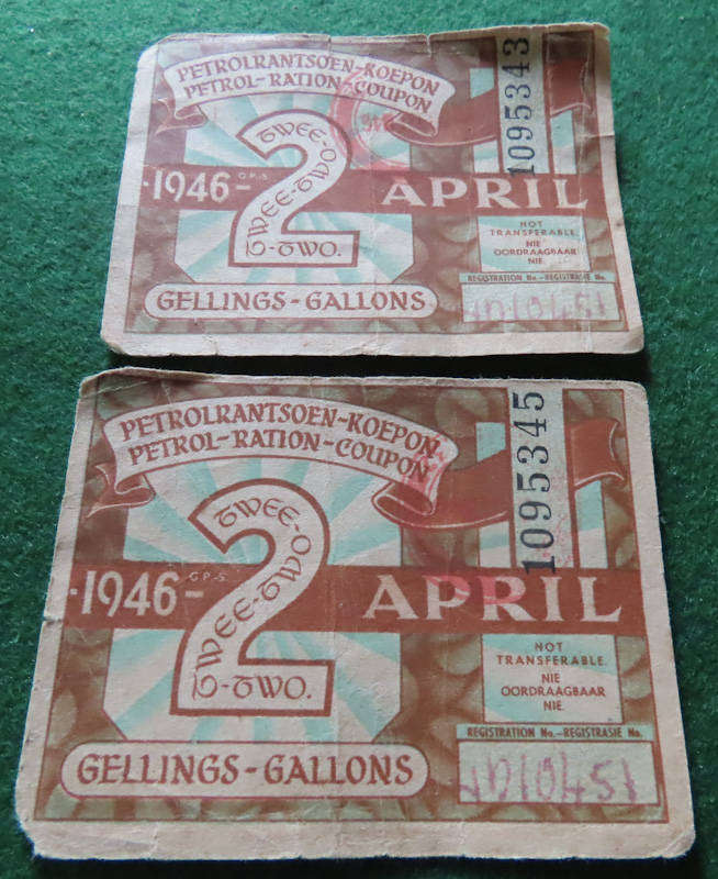 South Africa - Post WWII - 2 Petrol Rationing Units 2 Gallons each
