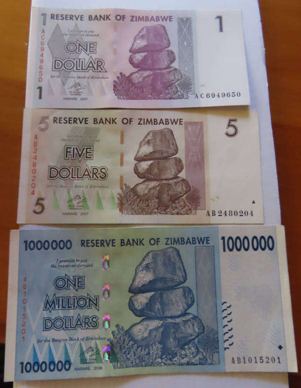 Zimbabwe $1 , $5 , and $1 million Bank Notes UNC