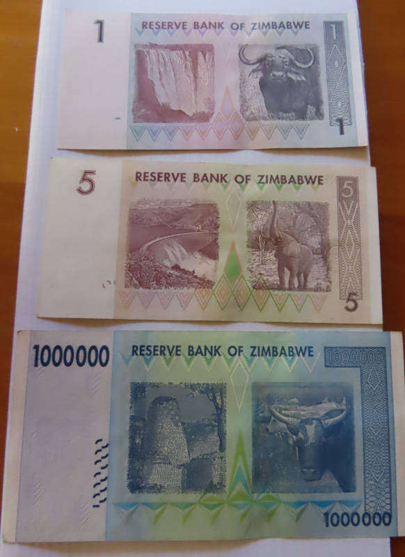 Zimbabwe $1 , $5 , and $1 million Bank Notes UNC