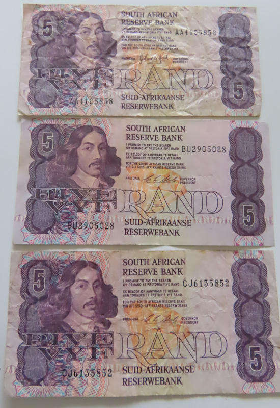 South Africa - 3 South Africa R5 Notes 2 of Stals and 1 De Kock