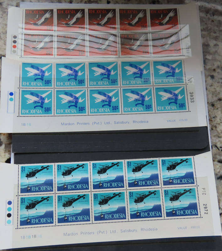 Rhodesia - 1970 Decimal Definitive Set 25c, 50c and $1 Imprint Blocks MNH Value over R2500