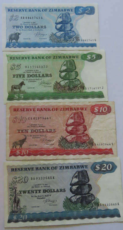 Zimbabwe - First Series 1983 Issue Notes $2, $5, $10 and $20 - K.Moyana Governor