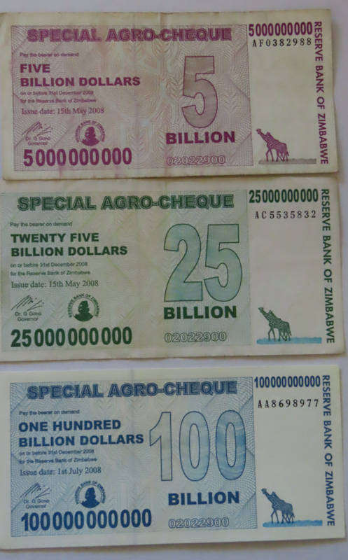 Zimbabwe - Special Agro-Cheques 5, 25 and 100 Billion Dollar Notes