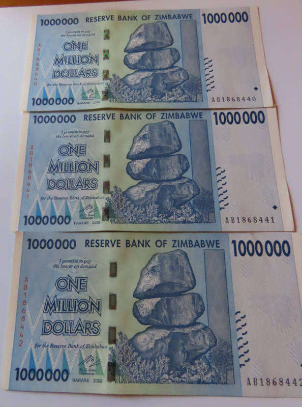 Zimbabwe-Reserve Bank of Zimbabwe-3 x 2008 $1,000,000 Notes in Sequence UNC w/Bank surface mark