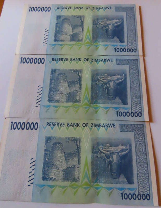 Zimbabwe-Reserve Bank of Zimbabwe-3 x 2008 $1,000,000 Notes in Sequence UNC w/Bank surface mark