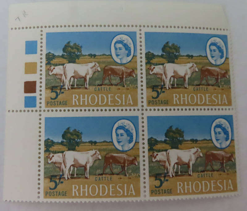 Rhodesia - Harrison Printing 5/- Block of 4 MNH