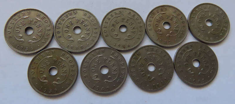 Rhodesia - Coins - Nine Early 1d - 1934 to 1942