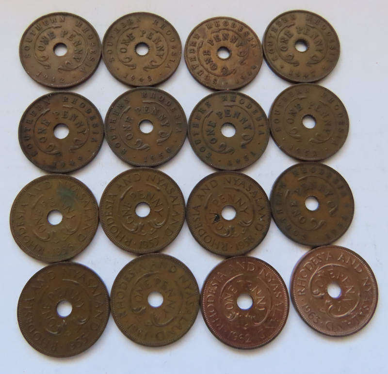 Rhodesia - Coins - Sixteen Early 1d - 1942 - 1963 Complete