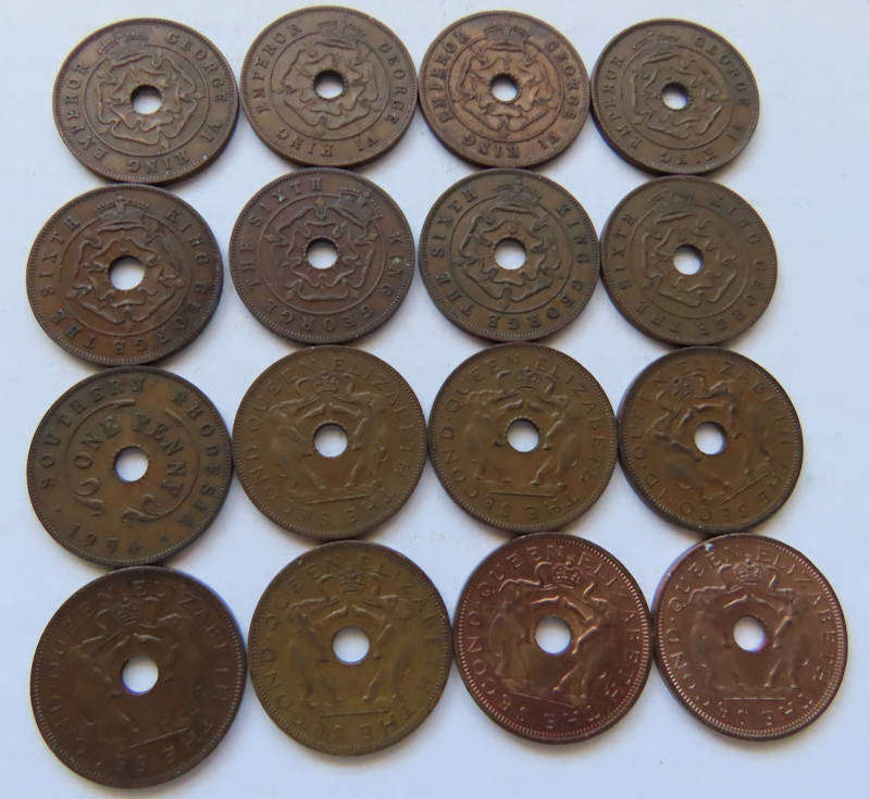 Rhodesia - Coins - Sixteen Early 1d - 1942 - 1963 Complete