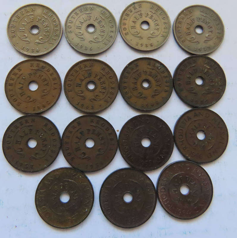 Rhodesia - Coins - Fifteen Early 1/2d - 1934 - 1964 Complete