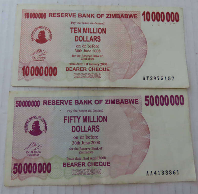 Zimbabwe - 10 and 50 Million Dollar Bearer Cheques EF