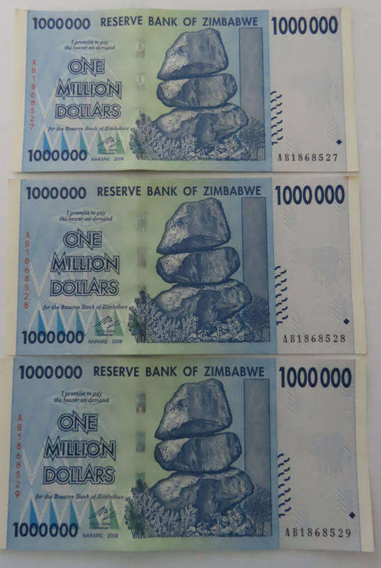 Zimbabwe - 2008 Three x 1 Million Dollar Notes in Sequence UNC with Bank Indentations