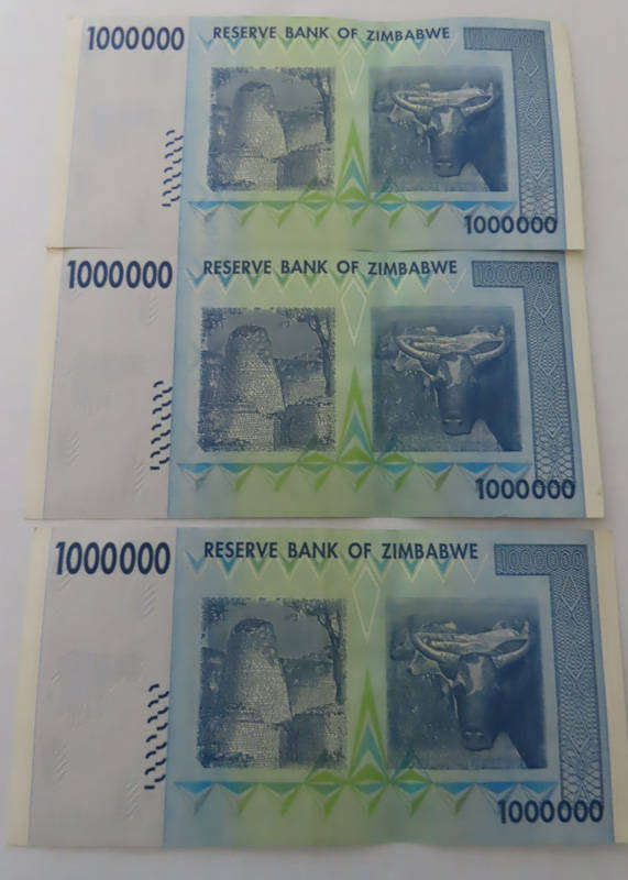 Zimbabwe - 2008 Three x 1 Million Dollar Notes in Sequence UNC with Bank Indentations