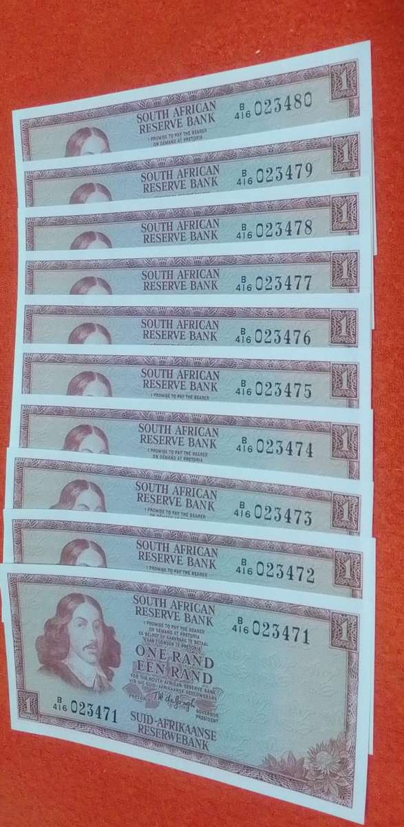 **10x**  South Africa R1 notes in sequence signed by TW de Jongh