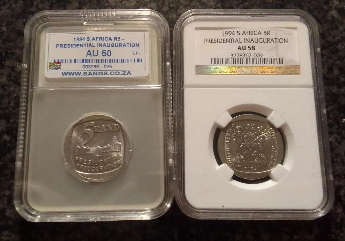 2x South Africa R5 -MANDELA 1994 INAUGURATION GRADED COINS AU50 & AU58